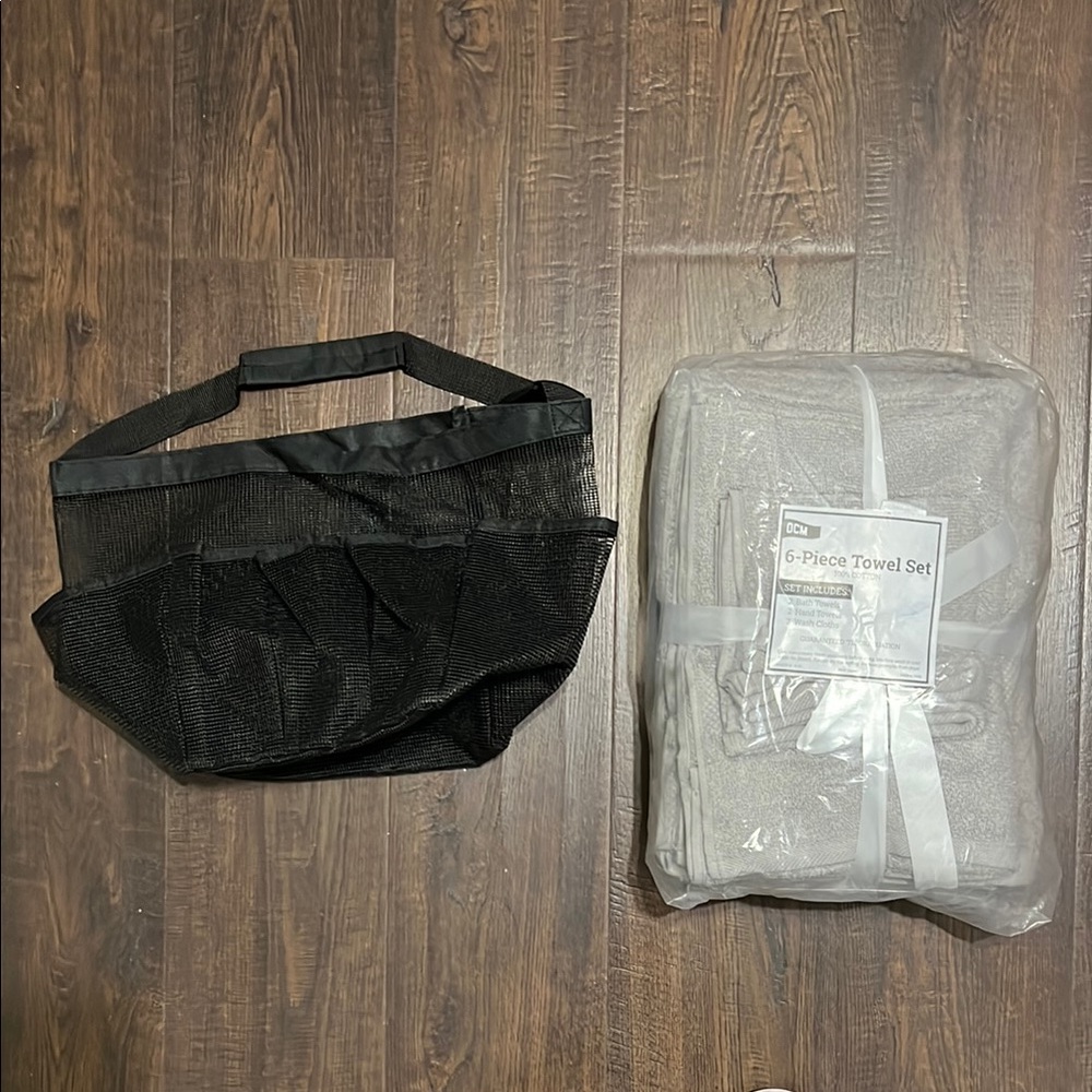 6-Piece Towel Set with Black Mesh shower caddy